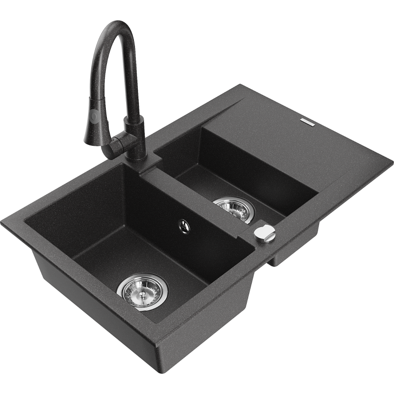 Mexen Gaspar 1.5-compartment granite sink with a drip tray and kitchen mixer tap Elia, spotted black - 6507-76-670101-76