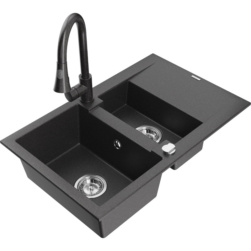 Mexen Gaspar granite sink 1.5-bowl with drainer and Elia kitchen faucet, black speckled - 6507-76-670101-76