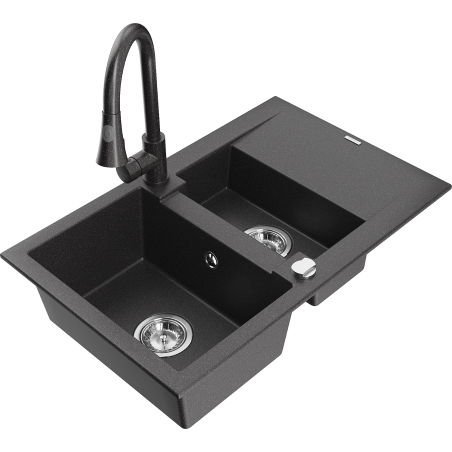 Mexen Gaspar granite sink 1.5-bowl with drainer and Elia kitchen faucet, black speckled - 6507-76-670101-76