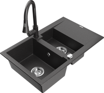 Mexen Gaspar 1.5-bowl granite sink with drainer and Elia kitchen faucet, speckled black - 6507-76-670101-76