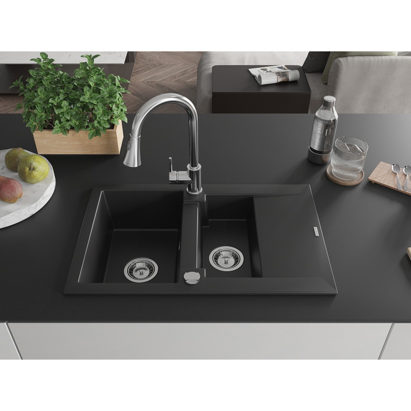 Mexen Gaspar granite sink 1.5-bowl with drainer and Elia kitchen faucet, black - 6507-77-670101-00