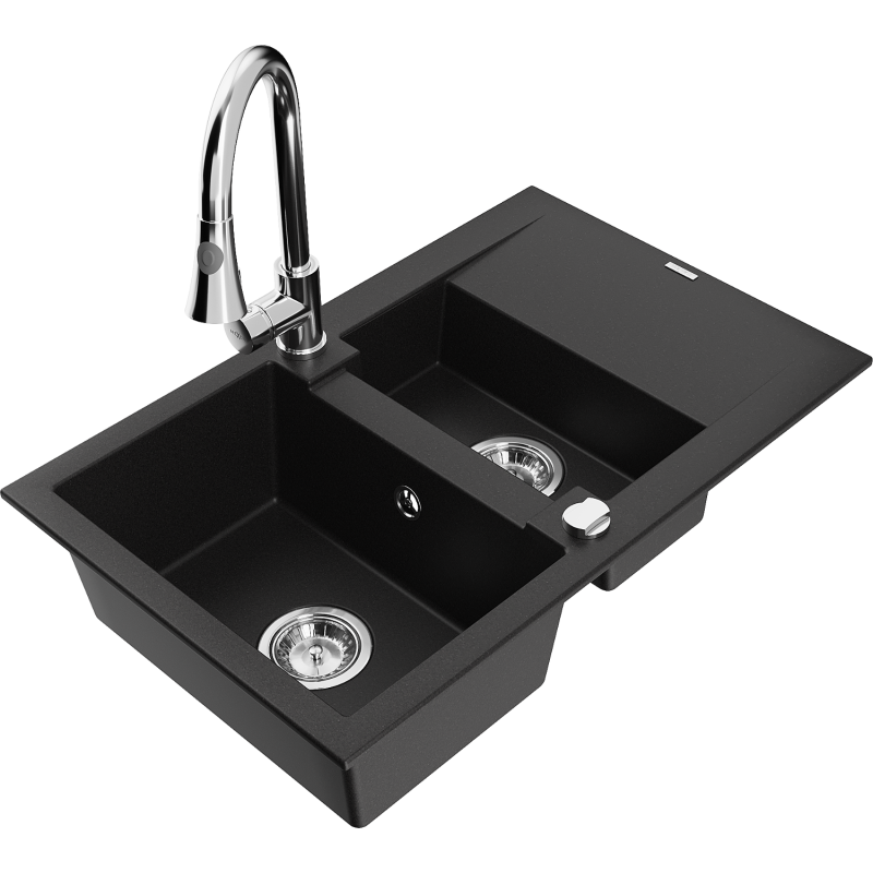 Mexen Gaspar 1.5-compartment granite sink with a drip tray and kitchen mixer tap Elia, Black - 6507-77-670101-00