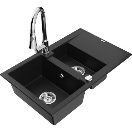 Mexen Gaspar 1.5-compartment granite sink with a drip tray and kitchen mixer tap Elia, Black - 6507-77-670101-00