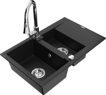 Mexen Gaspar Granite Sink 1.5 Bowl with Drainer and Elia Kitchen Tap, Black - 6507-77-670101-00