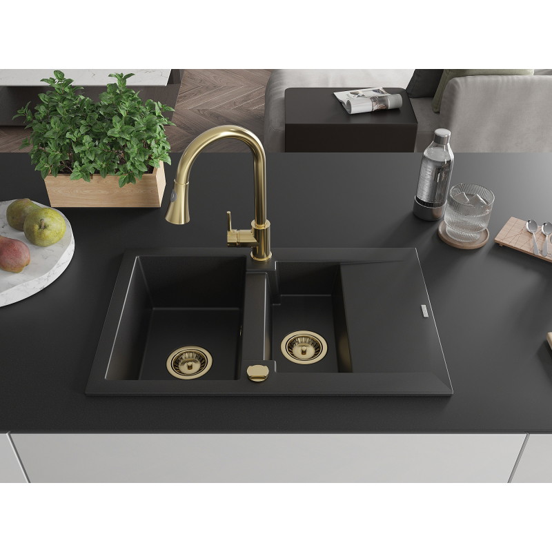 Mexen Gaspar 1.5-bowl granite sink with drainer and Elia kitchen faucet, black - 6507-77-670101-50