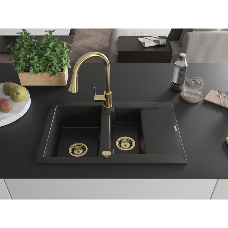 Mexen Gaspar granite sink 1.5-bowl with drainer and Elia kitchen faucet, black - 6507-77-670101-50