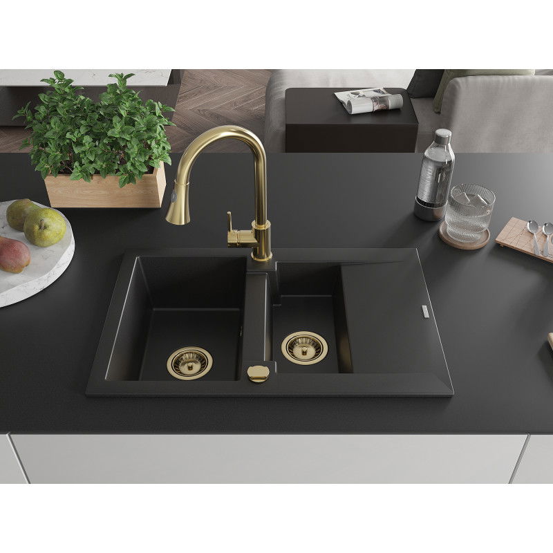 Mexen Gaspar granite sink 1.5-bowl with drainer and Elia kitchen tap, black - 6507-77-670101-50