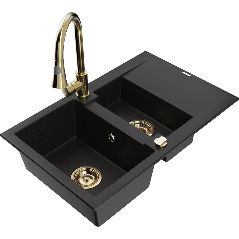 Mexen Gaspar 1.5-bowl granite sink with drainer and Elia kitchen faucet, black - 6507-77-670101-50