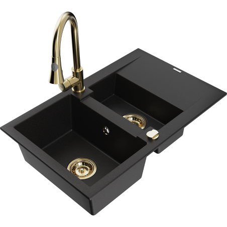 Mexen Gaspar 1.5-compartment granite sink with a drip tray and kitchen mixer tap Elia, Black - 6507-77-670101-50