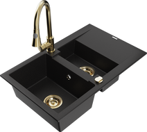 Mexen Gaspar 1.5-bowl granite sink with drainer and Elia kitchen faucet, black - 6507-77-670101-50
