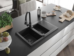 Mexen Gaspar 1.5-compartment granite sink with a drip tray and kitchen mixer tap Elia, Black - 6507-77-670101-70-B