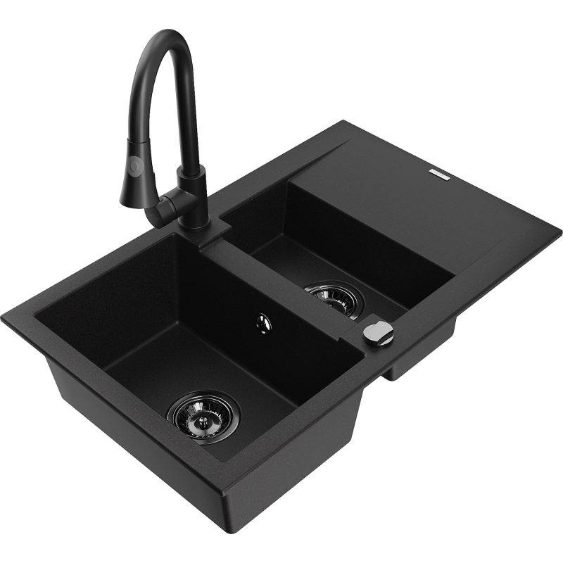 Mexen Gaspar granite sink 1.5-bowl with drainer and Elia kitchen tap, black - 6507-77-670101-70-B