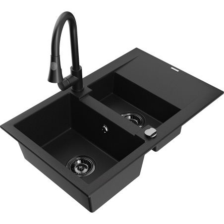 Mexen Gaspar Granit Sink 1.5-Bowl with Drainer and Kitchen Faucet Elia, Black - 6507-77-670101-70-B