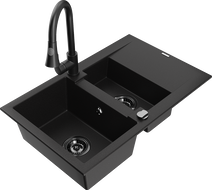 Mexen Gaspar granite kitchen sink 1.5-bowl with drainer and Elia kitchen faucet, black - 6507-77-670101-70-B