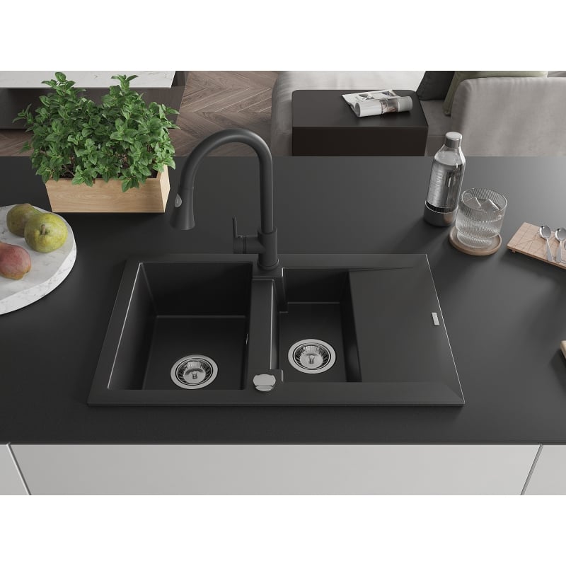 Mexen Gaspar granite sink 1.5-bowl with drainer and kitchen faucet Elia, black - 6507-77-670101-70