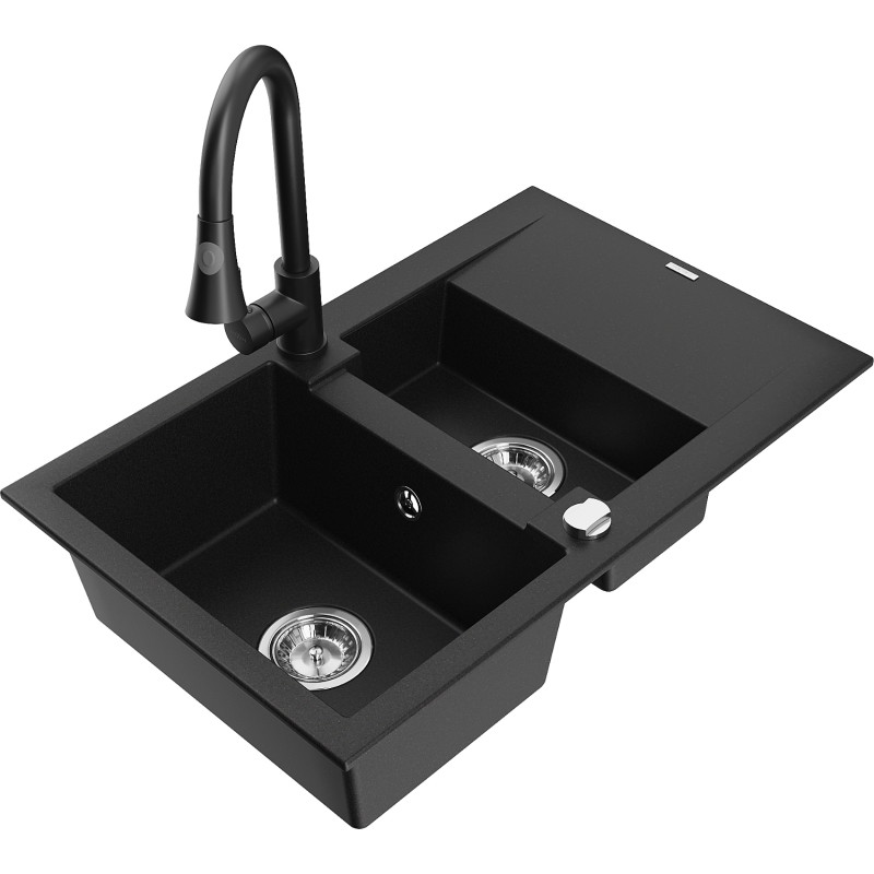 Mexen Gaspar granite sink 1.5-bowl with drainer and kitchen faucet Elia, black - 6507-77-670101-70