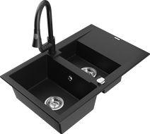 Mexen Gaspar 1.5-compartment granite sink with a drip tray and kitchen mixer tap Elia, Black - 6507-77-670101-70