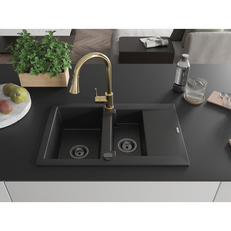 Mexen Gaspar granite sink 1.5-bowl with drainer and Elia kitchen faucet, black - 6507-77-670101-50-B