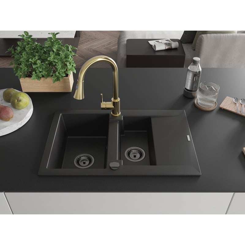 Mexen Gaspar granite sink 1.5-bowl with drainer and kitchen faucet Elia, black - 6507-77-670101-50-B