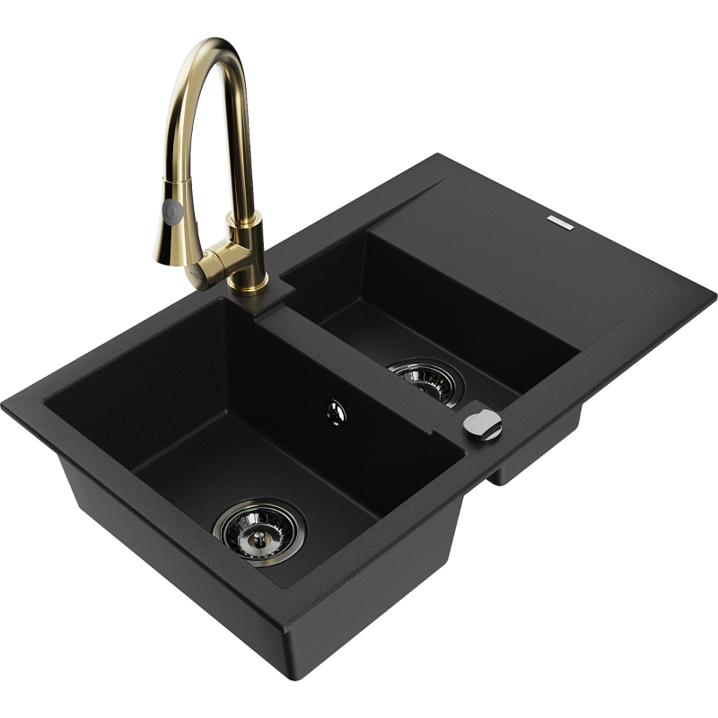 Mexen Gaspar 1.5-compartment granite sink with a drip tray and kitchen mixer tap Elia, black - 6507-77-670101-50-B
