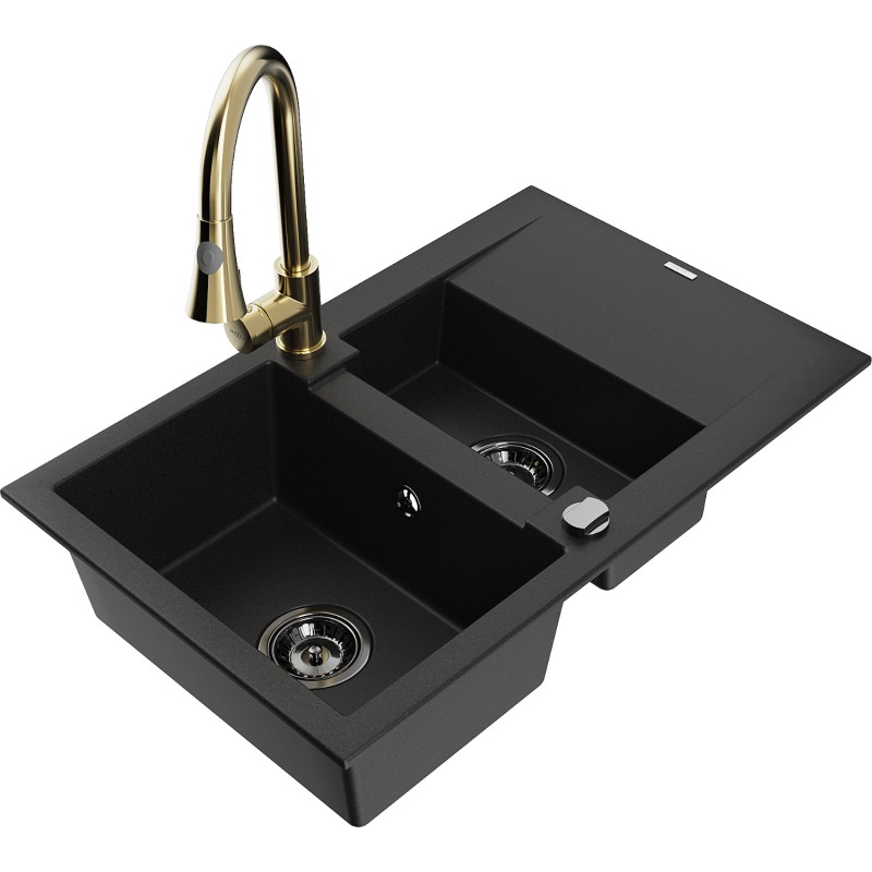 Mexen Gaspar granite sink 1.5-bowl with drainer and Elia kitchen faucet, black - 6507-77-670101-50-B