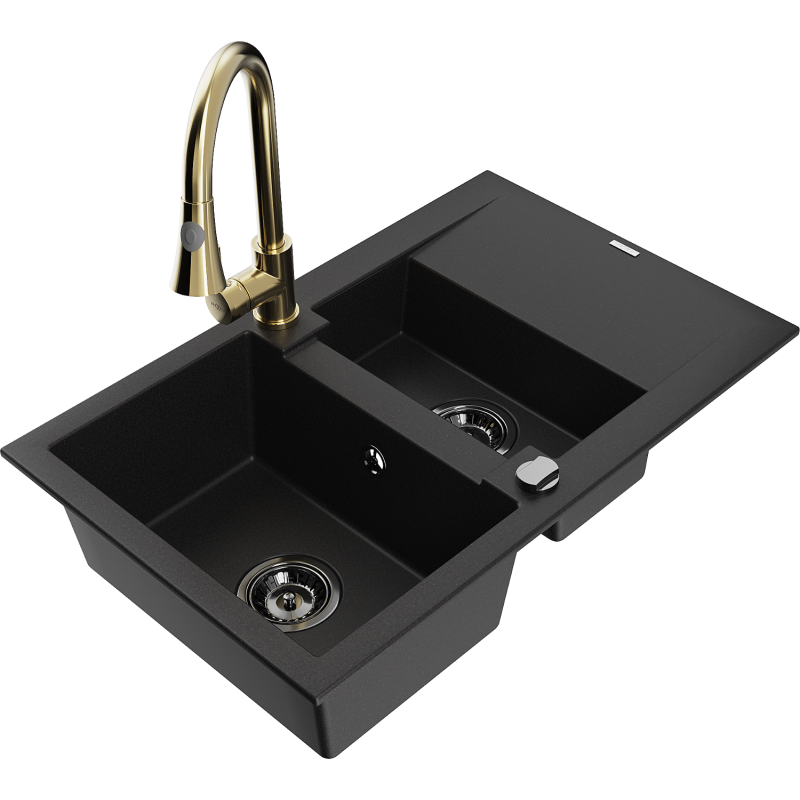 Mexen Gaspar granite sink 1.5-bowl with drainer and Elia kitchen tap, black - 6507-77-670101-50-B