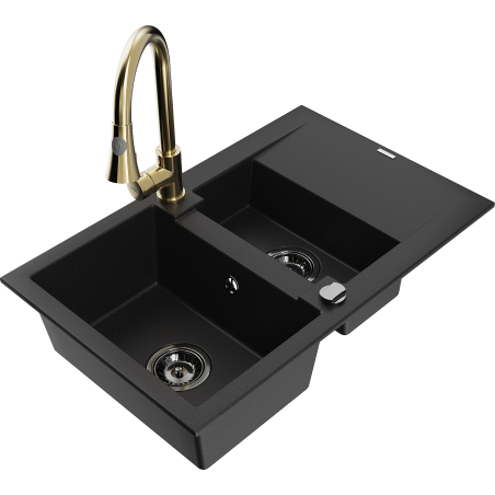 Mexen Gaspar granite sink 1.5-bowl with drainer and Elia kitchen tap, black - 6507-77-670101-50-B