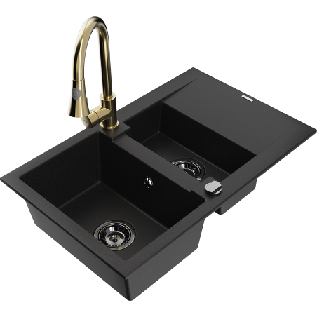 Mexen Gaspar granite sink 1.5-bowl with drainer and kitchen faucet Elia, black - 6507-77-670101-50-B