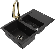 Mexen Gaspar granite sink 1.5-bowl with drainer and Elia kitchen faucet, black - 6507-77-670101-50-B