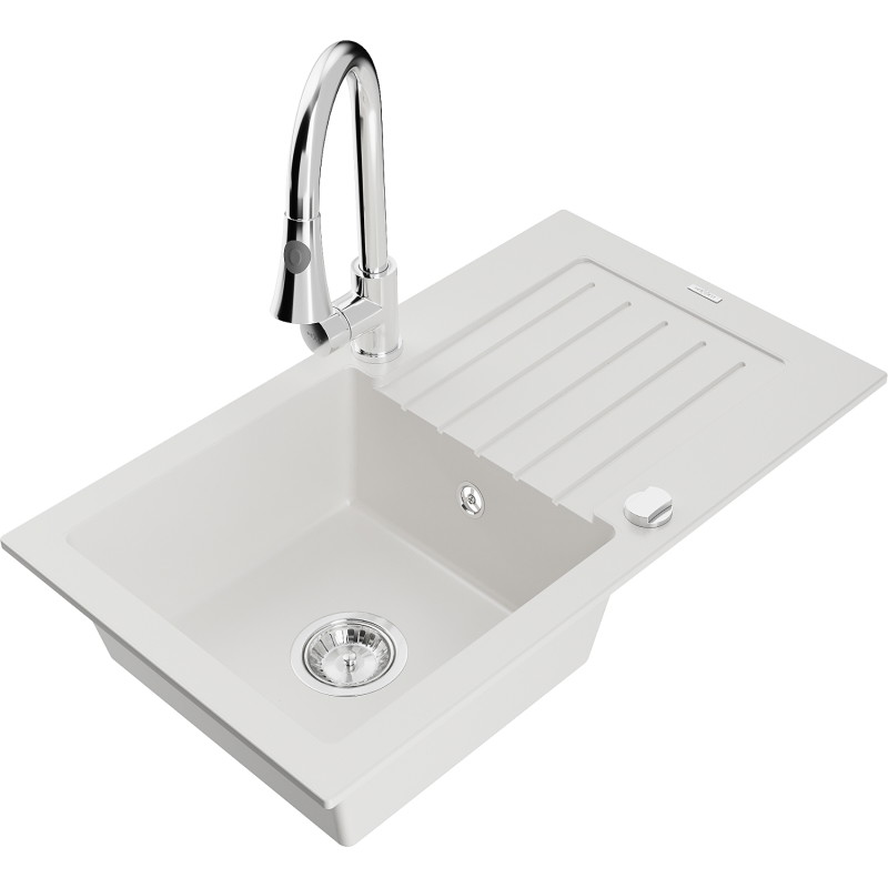 Mexen Pablo granite kitchen sink 1-bowl with drainer and kitchen faucet Elia, white - 6510-20-670101-00