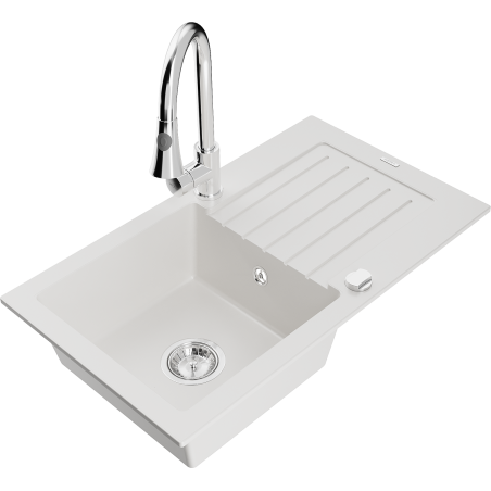 Mexen Pablo 1-compartment granite sink with a drip tray and kitchen mixer tap Elia, White - 6510-20-670101-00
