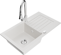Mexen Pablo granite kitchen sink 1-bowl with drainer and kitchen faucet Elia, white - 6510-20-670101-00