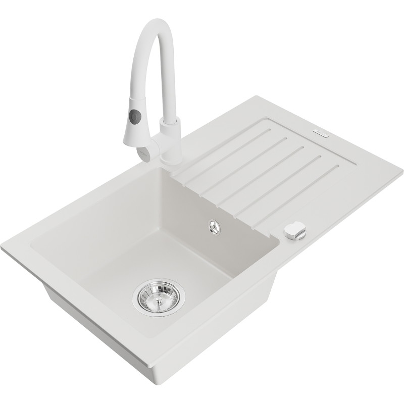 Mexen Pablo granite single-bowl sink with drainer and Elia kitchen faucet, white - 6510-20-670101-20