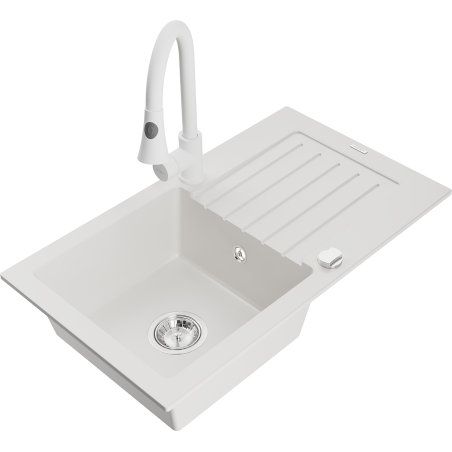 Mexen Pablo granite single-bowl sink with drainer and Elia kitchen faucet, white - 6510-20-670101-20
