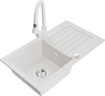 Mexen Pablo granite single-bowl sink with drainer and Elia kitchen faucet, white - 6510-20-670101-20