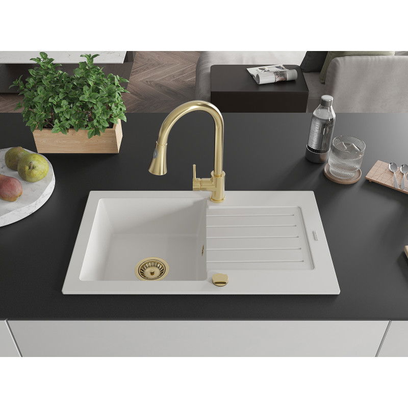 Mexen Pablo 1-bowl granite sink with drainer and Elia kitchen tap, white - 6510-20-670101-50