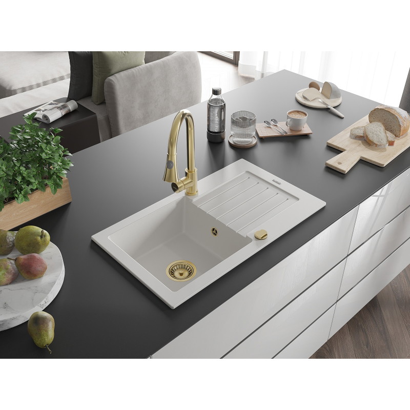 Mexen Pablo 1-bowl granite sink with drainer and Elia kitchen faucet, white - 6510-20-670101-50