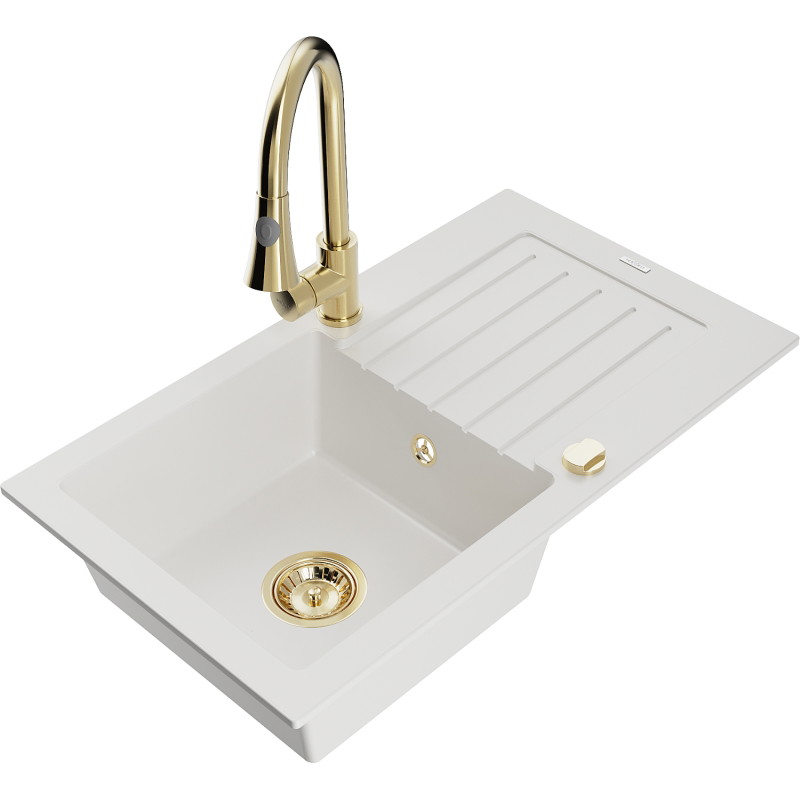 Mexen Pablo 1-bowl granite sink with drainer and Elia kitchen faucet, white - 6510-20-670101-50