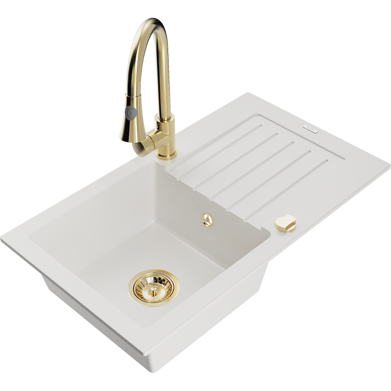 Mexen Pablo 1-bowl granite sink with drainer and Elia kitchen tap, white - 6510-20-670101-50