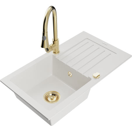 Mexen Pablo 1-bowl granite sink with drainer and Elia kitchen tap, white - 6510-20-670101-50