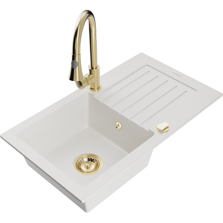 Mexen Pablo granite sink 1-bowl with drainer and kitchen faucet Elia, white - 6510-20-670101-50