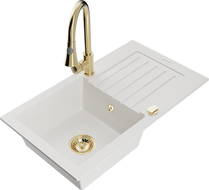 Mexen Pablo 1-compartment granite sink with a drip tray and kitchen mixer tap Elia, White - 6510-20-670101-50