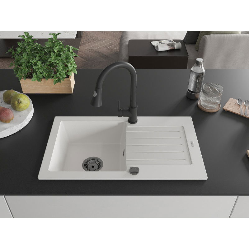 Mexen Pablo granite sink 1-bowl with drainer and Elia kitchen tap, white - 6510-20-670101-70