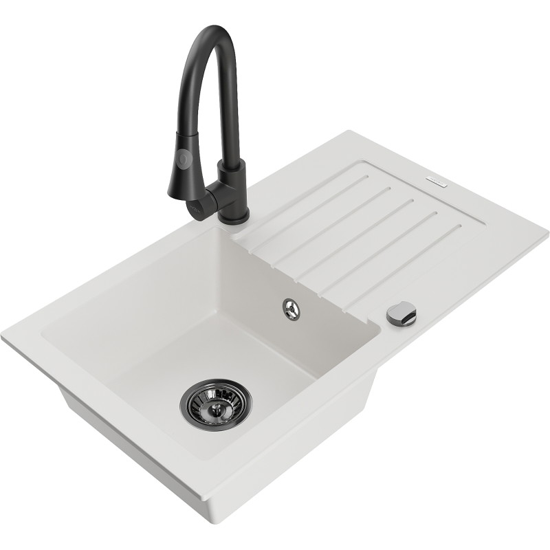 Mexen Pablo 1-bowl granite sink with drainer and Elia kitchen faucet, white - 6510-20-670101-70