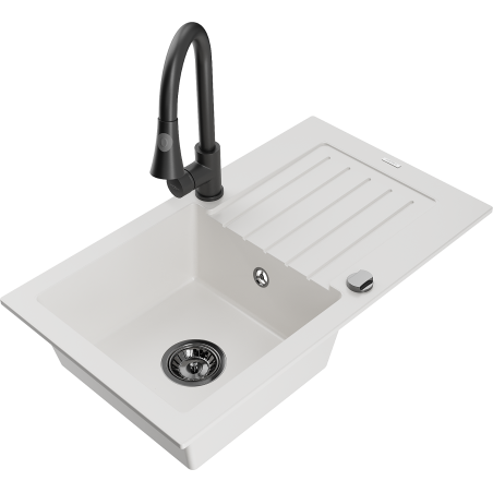 Mexen Pablo 1-bowl granite sink with drainer and Elia kitchen faucet, white - 6510-20-670101-70