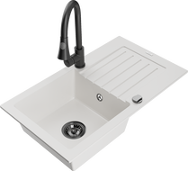 Mexen Pablo 1-bowl granite sink with drainer and Elia kitchen faucet, white - 6510-20-670101-70