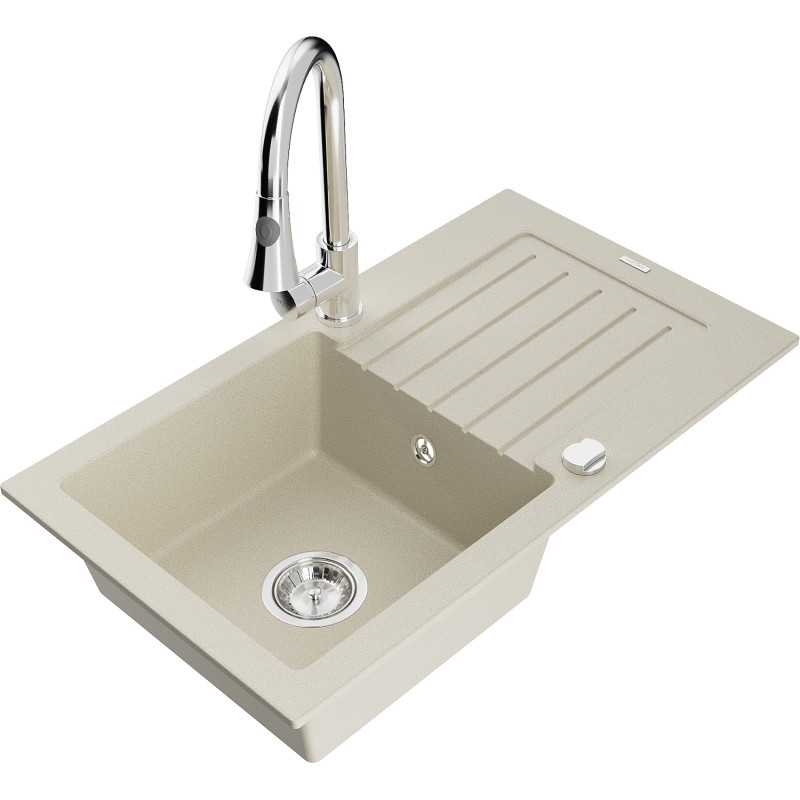Mexen Pablo granite kitchen sink 1-bowl with drainer and Elia kitchen faucet, beige - 6510-69-670101-00