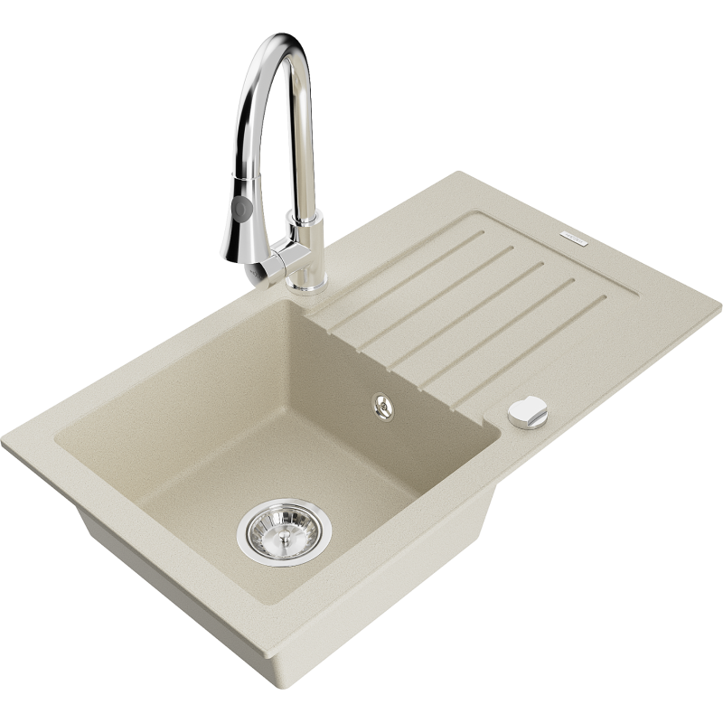 Mexen Pablo granite sink 1-bowl with drainer and Elia kitchen tap, beige - 6510-69-670101-00