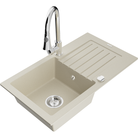 Mexen Pablo granite sink 1-bowl with drainer and Elia kitchen tap, beige - 6510-69-670101-00