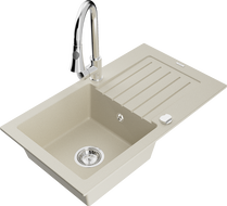 Mexen Pablo granite kitchen sink 1-bowl with drainer and Elia kitchen faucet, beige - 6510-69-670101-00